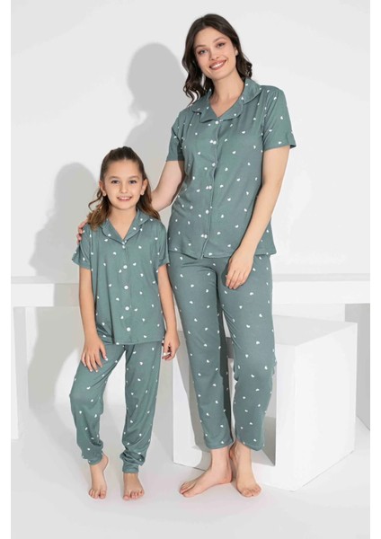 Anne Kız Kombin Kısa Kollu Gömlek Uzun Alt Milan Kumaş Orta Kalın Pijama TAKIMI-2909