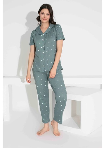 Anne Kız Kombin Kısa Kollu Gömlek Uzun Alt Milan Kumaş Orta Kalın Pijama TAKIMI-2909