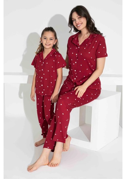Anne Kız Kombin Kısa Kollu Gömlek Uzun Alt Milan Kumaş Orta Kalın Pijama TAKIMI-2909