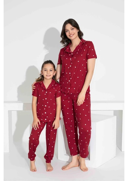Anne Kız Kombin Kısa Kollu Gömlek Uzun Alt Milan Kumaş Orta Kalın Pijama TAKIMI-2909