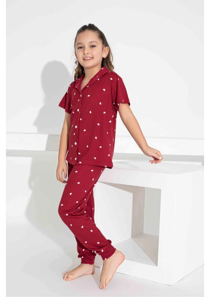 Anne Kız Kombin Kısa Kollu Gömlek Uzun Alt Milan Kumaş Orta Kalın Pijama TAKIMI-2909