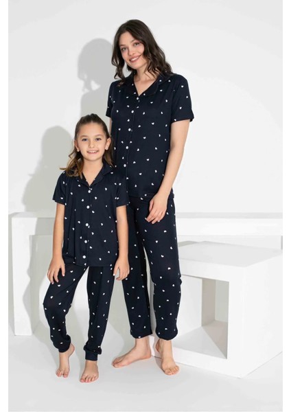 Anne Kız Kombin Kısa Kollu Gömlek Uzun Alt Milan Kumaş Orta Kalın Pijama TAKIMI-2909