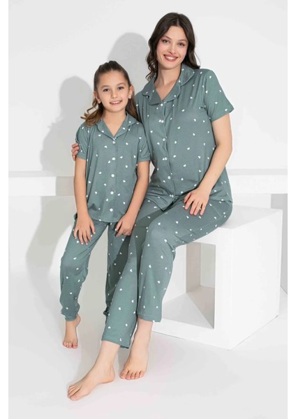 Anne Kız Kombin Kısa Kollu Gömlek Uzun Alt Milan Kumaş Orta Kalın Pijama TAKIMI-2909