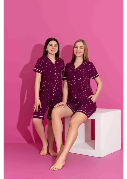 Anne Kız Kombin Kısa Kollu Gömlek Şortlu Milan Kumaş Yıldızlı Orta Kalın Pijama TAKIMI-3083 fiyatları