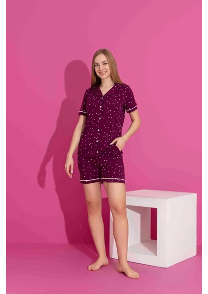 Anne Kız Kombin Kısa Kollu Gömlek Şortlu Milan Kumaş Yıldızlı Orta Kalın Pijama TAKIMI-3083 modelleri