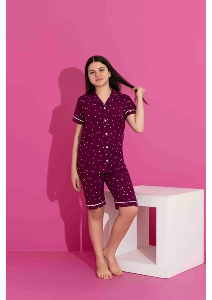 Anne Kız Kombin Kısa Kollu Gömlek Şortlu Milan Kumaş Yıldızlı Orta Kalın Pijama TAKIMI-3083 fırsatları