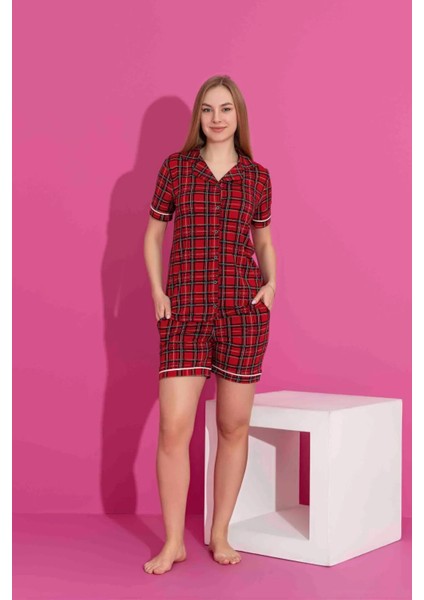 Anne Kız Kombin Kısa Kollu Gömlek Şortlu Ekoseli Milan Kumaş Orta Kalın Pijama TAKIMI-3087 modelleri