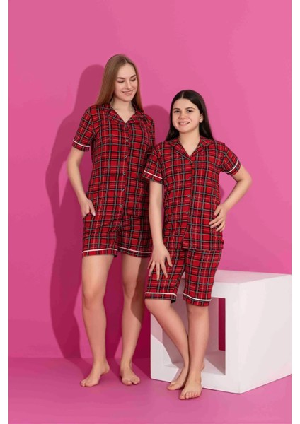 Anne Kız Kombin Kısa Kollu Gömlek Şortlu Ekoseli Milan Kumaş Orta Kalın Pijama TAKIMI-3087