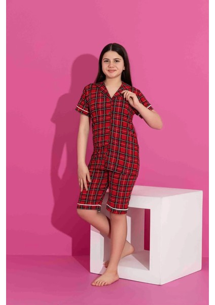 Anne Kız Kombin Kısa Kollu Gömlek Şortlu Ekoseli Milan Kumaş Orta Kalın Pijama TAKIMI-3087 fırsatları