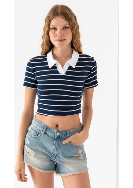 Kadın Polo Yaka Çizgili Pamuklu T-Shirt Lacivert Beyaz - 25795