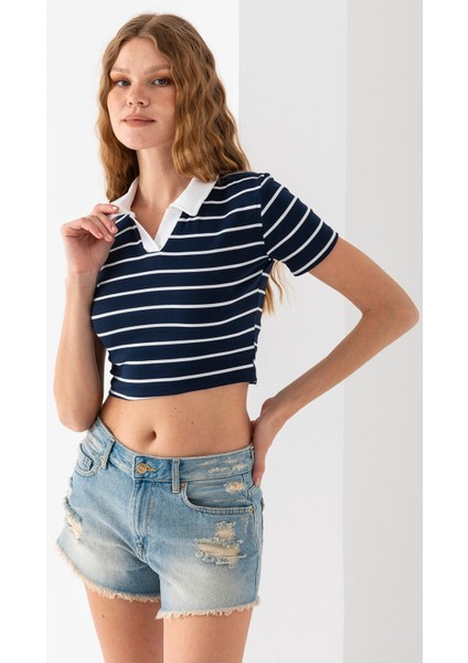 Kadın Polo Yaka Çizgili Pamuklu T-Shirt Lacivert Beyaz - 25795 indirimleri