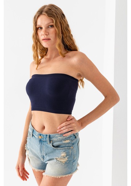 Kadın Straplez Yaka Fitilli Crop Lacivert - MS0000245