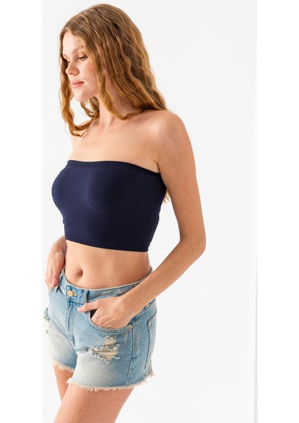 Kadın Straplez Yaka Fitilli Crop Lacivert - MS0000245