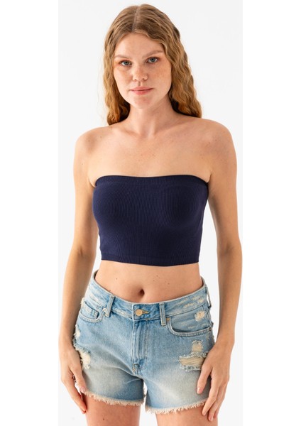 Kadın Straplez Yaka Fitilli Crop Lacivert - MS0000245