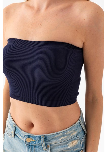 Kadın Straplez Yaka Fitilli Crop Lacivert - MS0000245