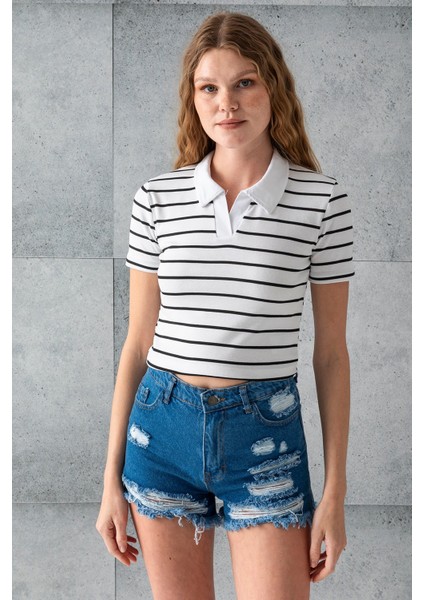 Kadın Polo Yaka Çizgili Pamuklu T-Shirt Beyaz Siyah - 25795