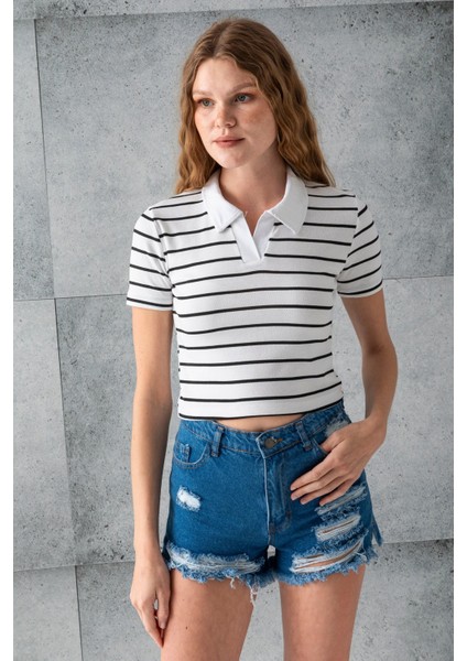 Kadın Polo Yaka Çizgili Pamuklu T-Shirt Beyaz Siyah - 25795 fiyatları