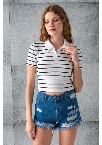 Kadın Polo Yaka Çizgili Pamuklu T-Shirt Beyaz Siyah - 25795 modelleri