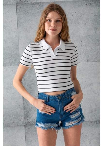 Kadın Polo Yaka Çizgili Pamuklu T-Shirt Beyaz Siyah - 25795 fırsatları