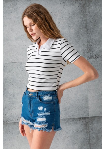 Kadın Polo Yaka Çizgili Pamuklu T-Shirt Beyaz Siyah - 25795 indirimleri