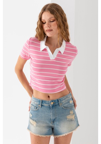 Kadın Polo Yaka Çizgili Pamuklu T-Shirt Pembe Beyaz - 25795 fiyatları