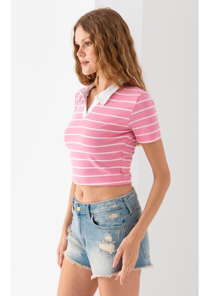 Kadın Polo Yaka Çizgili Pamuklu T-Shirt Pembe Beyaz - 25795 modelleri