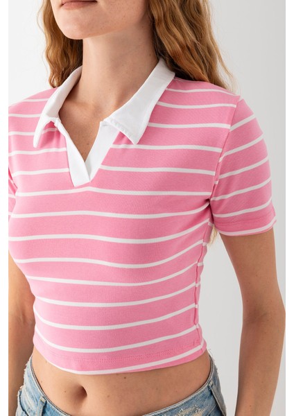 Kadın Polo Yaka Çizgili Pamuklu T-Shirt Pembe Beyaz - 25795 fırsatları