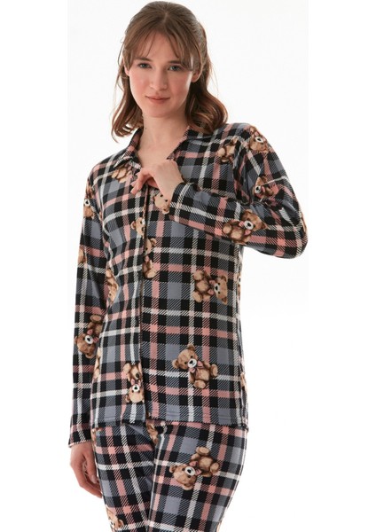 Ayıcık Desenli Gömlek Yaka Süet Pijama Takımı