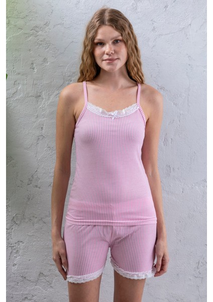 Kadın Askılı Şortlu Dantel Detaylı Çizgili Pijama Takımı Beyaz Pembe - 2031 fırsatları