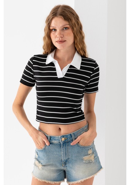 Kadın Polo Yaka Çizgili Pamuklu T-Shirt Siyah Beyaz - 25795