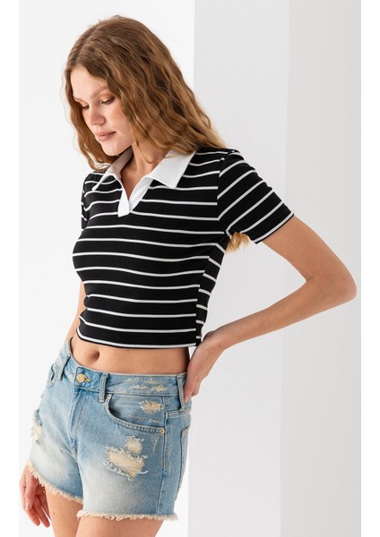 Kadın Polo Yaka Çizgili Pamuklu T-Shirt Siyah Beyaz - 25795
