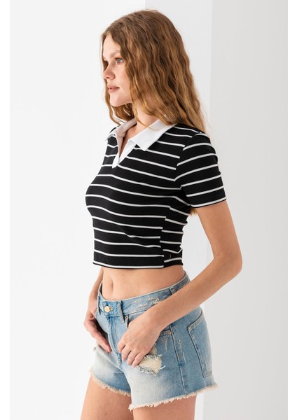 Kadın Polo Yaka Çizgili Pamuklu T-Shirt Siyah Beyaz - 25795