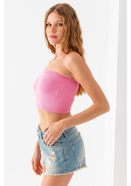 Kadın Straplez Yaka Fitilli Crop Pembe - MS0000245
