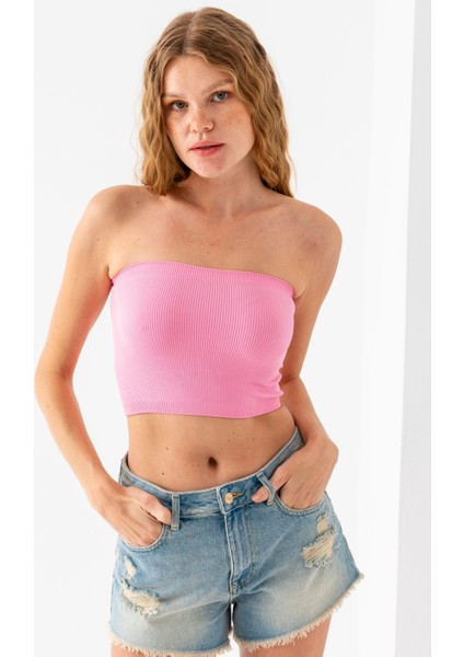 Kadın Straplez Yaka Fitilli Crop Pembe - MS0000245