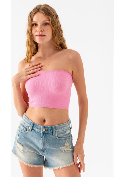 Kadın Straplez Yaka Fitilli Crop Pembe - MS0000245
