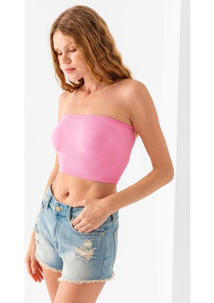 Kadın Straplez Yaka Fitilli Crop Pembe - MS0000245