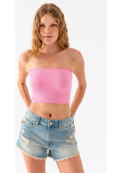 Kadın Straplez Yaka Fitilli Crop Pembe - MS0000245