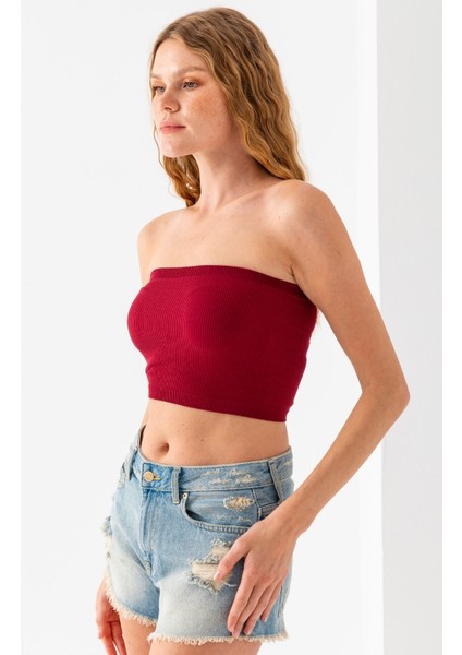 Kadın Straplez Yaka Fitilli Crop Bordo - MS0000245