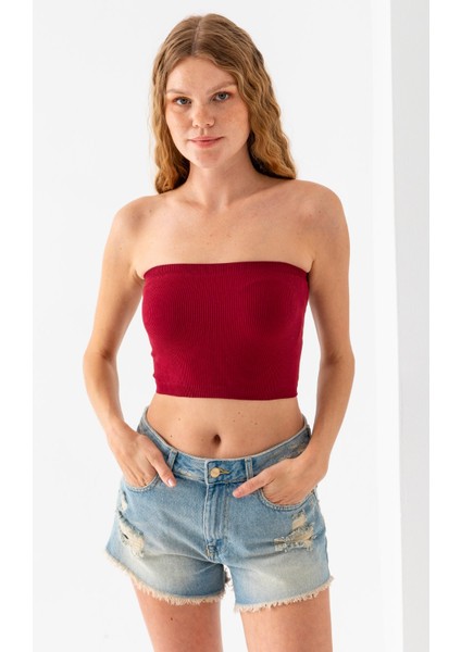 Kadın Straplez Yaka Fitilli Crop Bordo - MS0000245