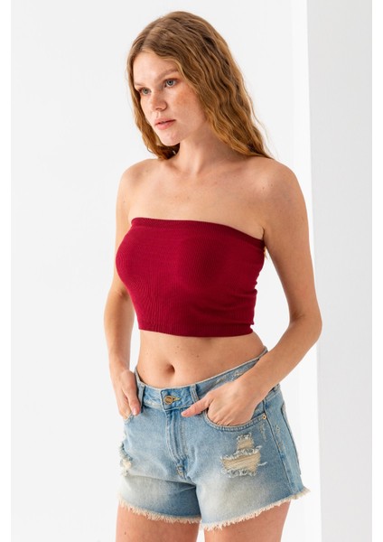 Kadın Straplez Yaka Fitilli Crop Bordo - MS0000245