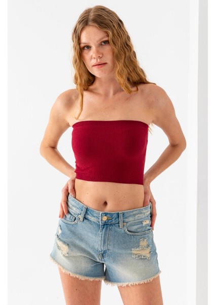 Kadın Straplez Yaka Fitilli Crop Bordo - MS0000245
