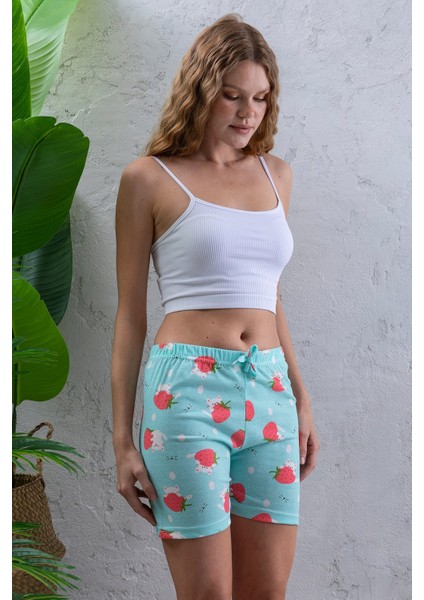 Kadın Beli Lastikli Desenli Şort Pijama Altı Turkuaz - 2027