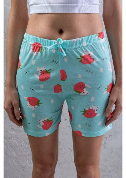Kadın Beli Lastikli Desenli Şort Pijama Altı Turkuaz - 2027