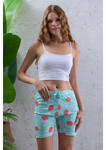 Kadın Beli Lastikli Desenli Şort Pijama Altı Turkuaz - 2027