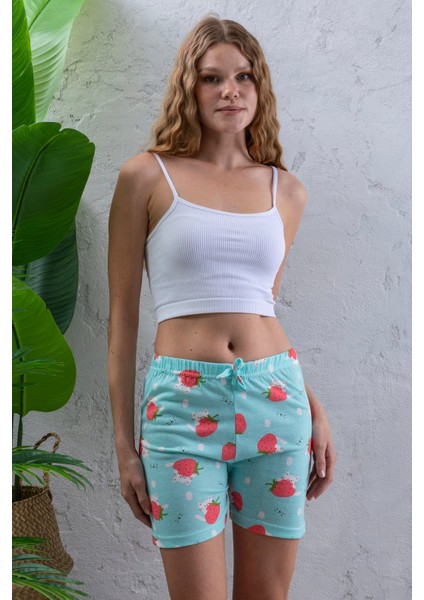 Kadın Beli Lastikli Desenli Şort Pijama Altı Turkuaz - 2027