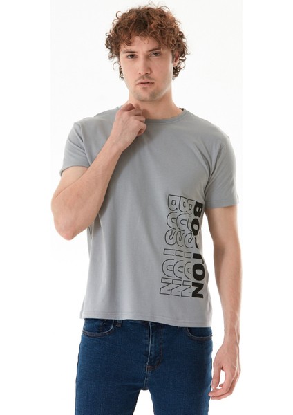 Boston Yazı Baskılı Bisiklet Yaka Tişört