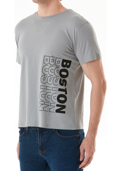 Boston Yazı Baskılı Bisiklet Yaka Tişört indirimleri