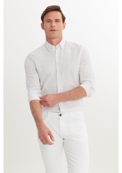 %100 Pamuk Slim Fit Dar Kesim Düğmeli Gömlek Yaka Armürlü Gömlek