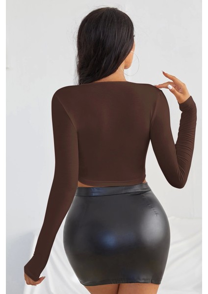Kadın Kahverengi Uzun Kol Kare Yaka Crop Top Bluz fiyatları
