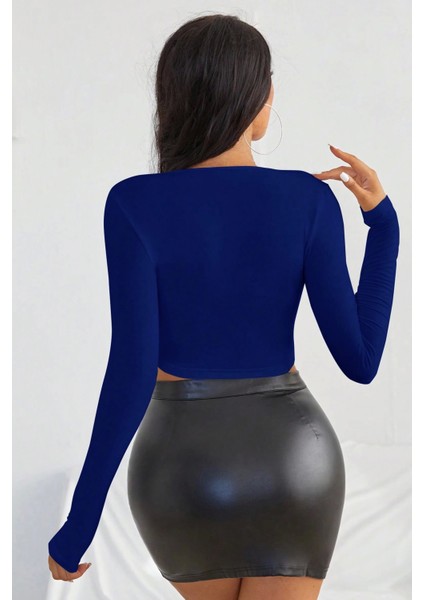 Kadın Mavi Uzun Kol Kare Yaka Crop Top Bluz fiyatları